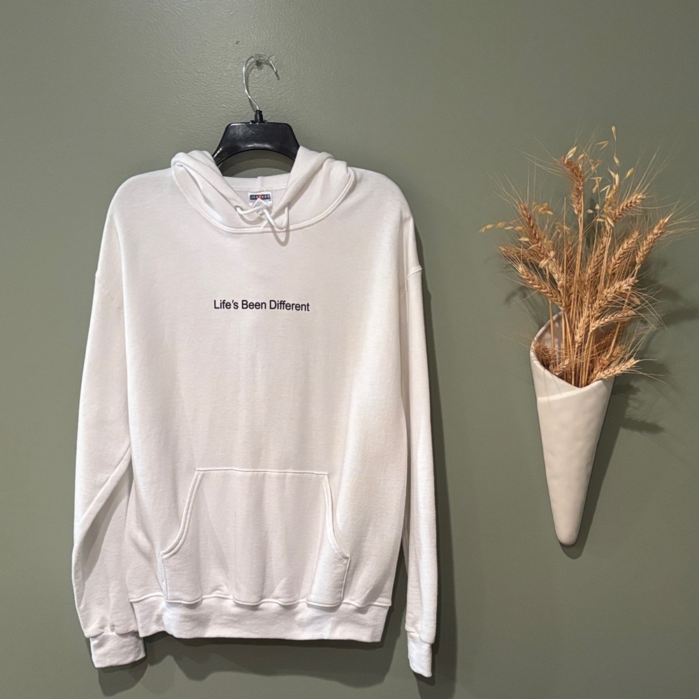 Jerzees White Ling Sleeve Hoodie With Black Life’s Been Different Logo M. NWOT